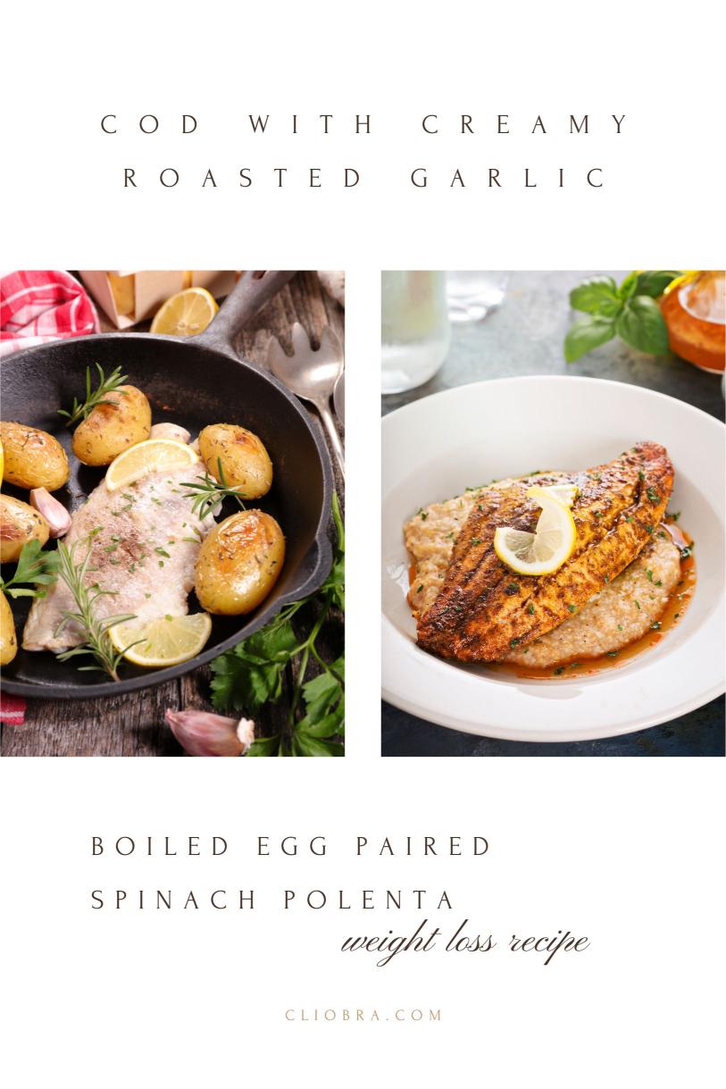 Cod and Boiled Egg Paired with A Creamy Roasted Garlic and Spinach Polenta Weight Loss Recipe