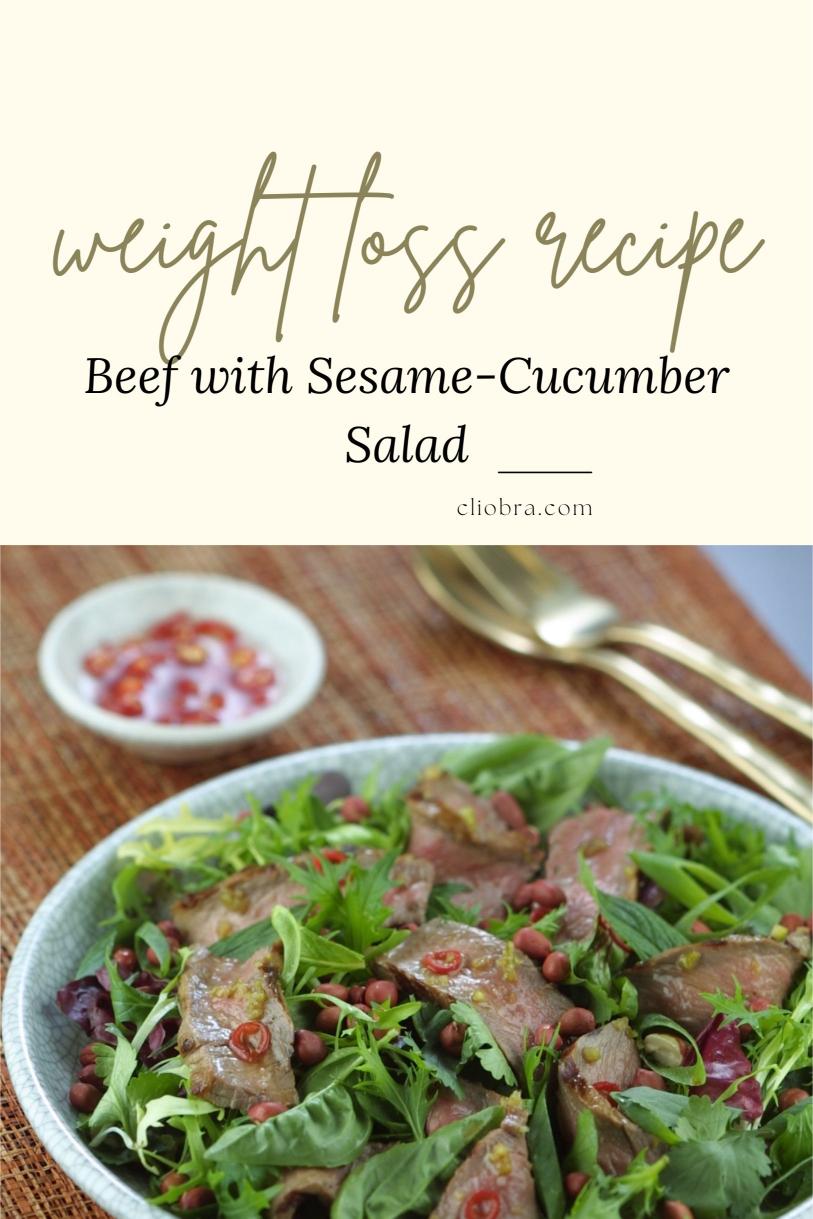 Thinly Sliced Beef with Sesame-Cucumber, Avocado, and Roasted Potatoes Salad Weight Loss Recipe